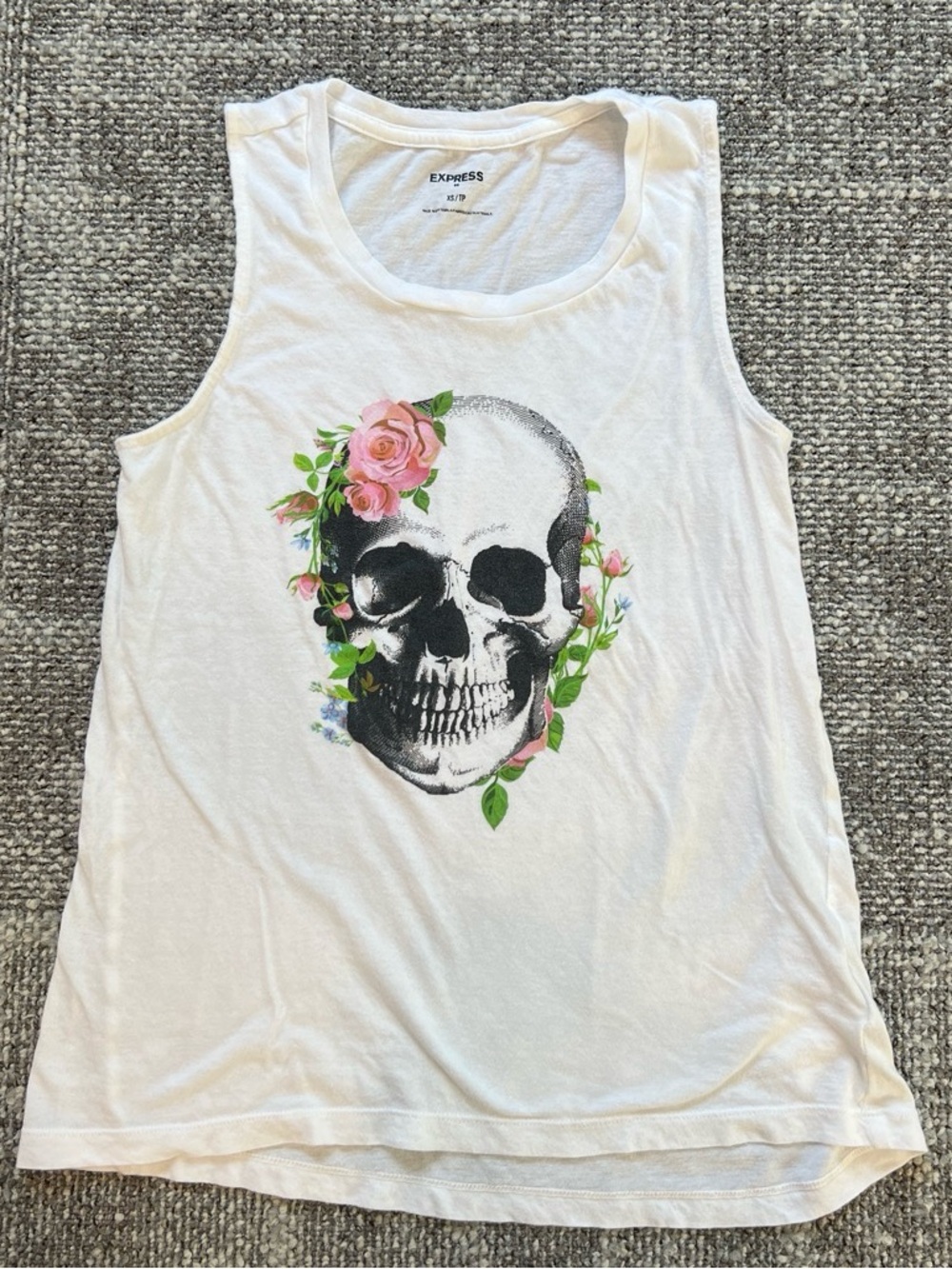 Express White Tank with Black Skull and Pink Rose Accents